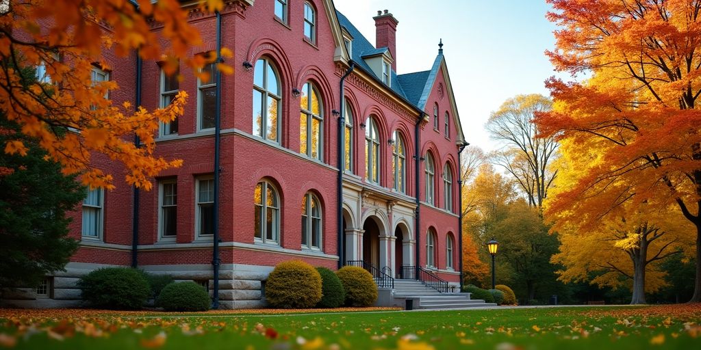 Harvard University building with autumn leaves around it.