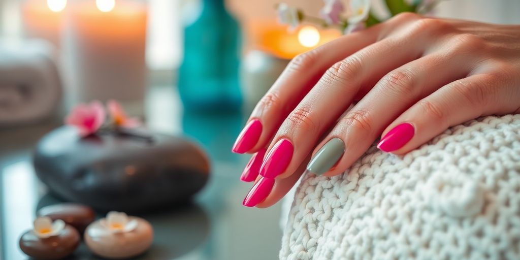 Unhas bem cuidadas em um ambiente de spa.