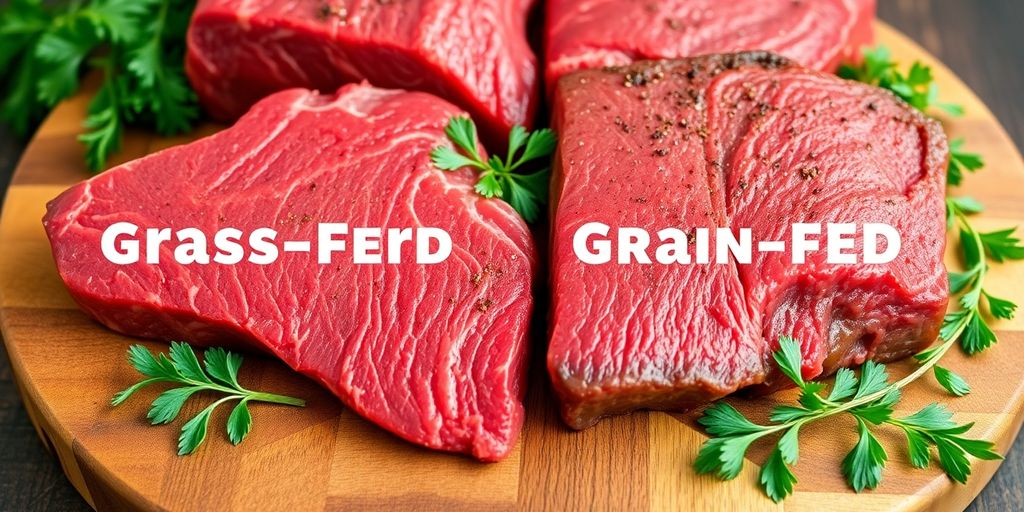 Close-up of grass-fed and grain-fed beef cuts.