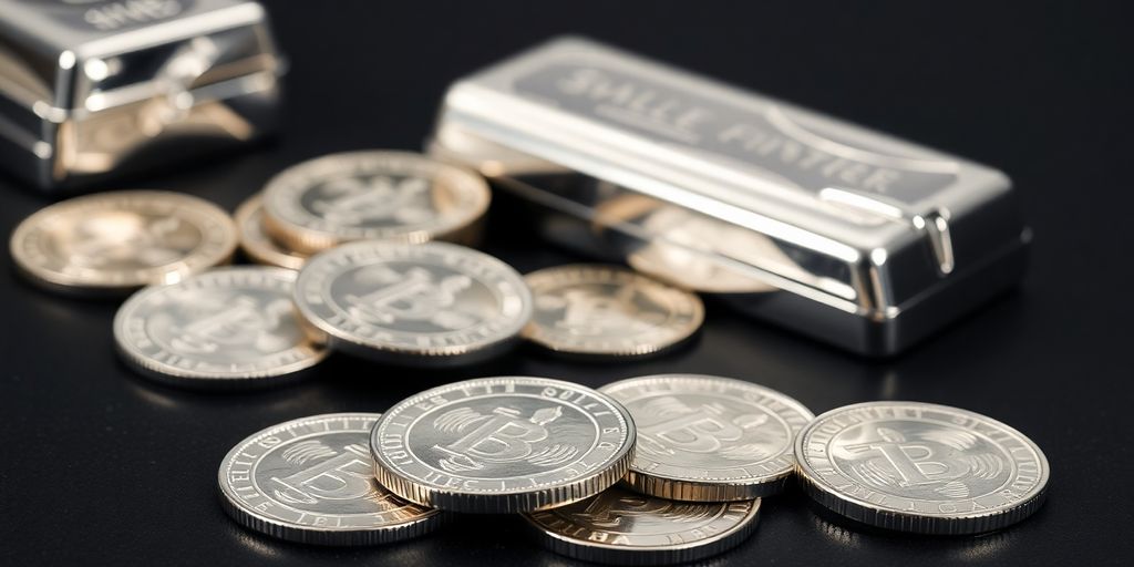 Pièces d'argent brillantes, lingots d'argent empilés