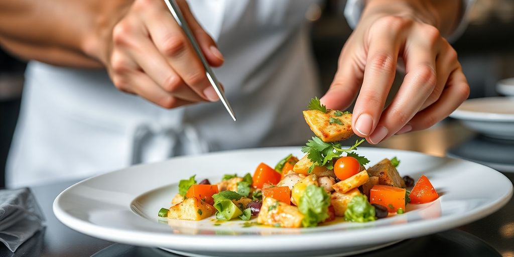 Chef preparing gourmet Baja-Mediterranean fusion dish.