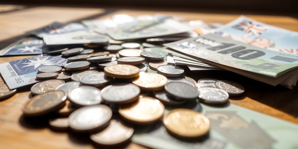 Australian money scattered on a wooden surface.