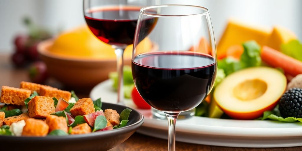 A glass of wine next to healthy food options.