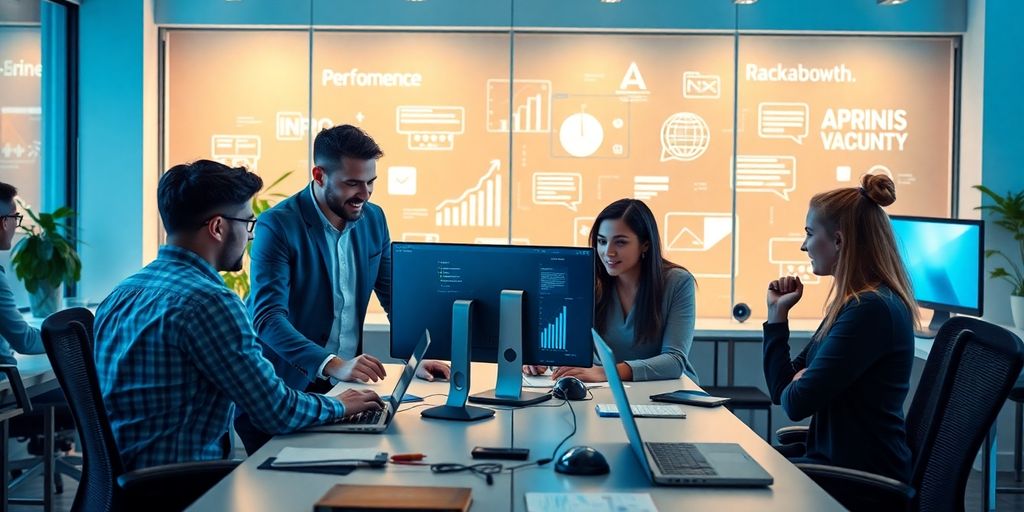 Profissionais de marketing digital em ambiente moderno.