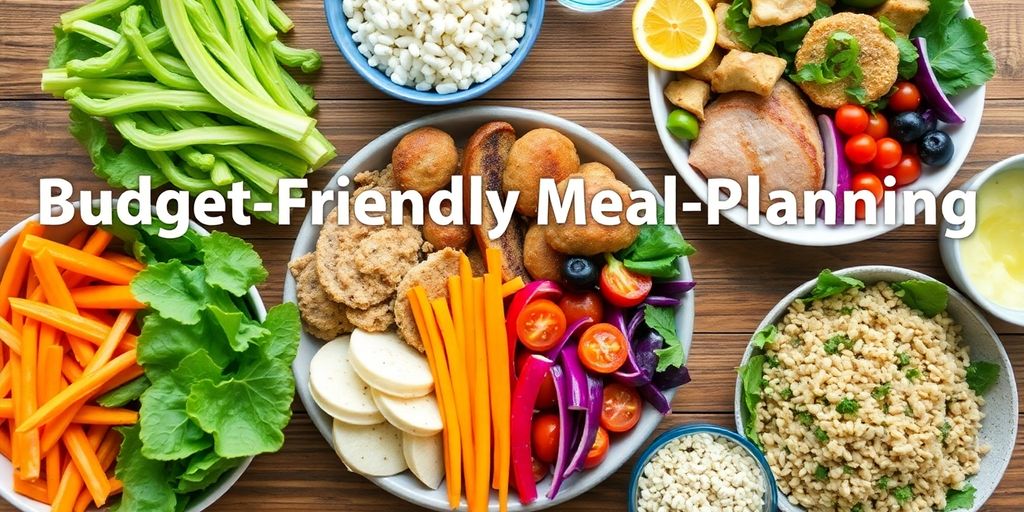 Colorful healthy meals on a wooden table.