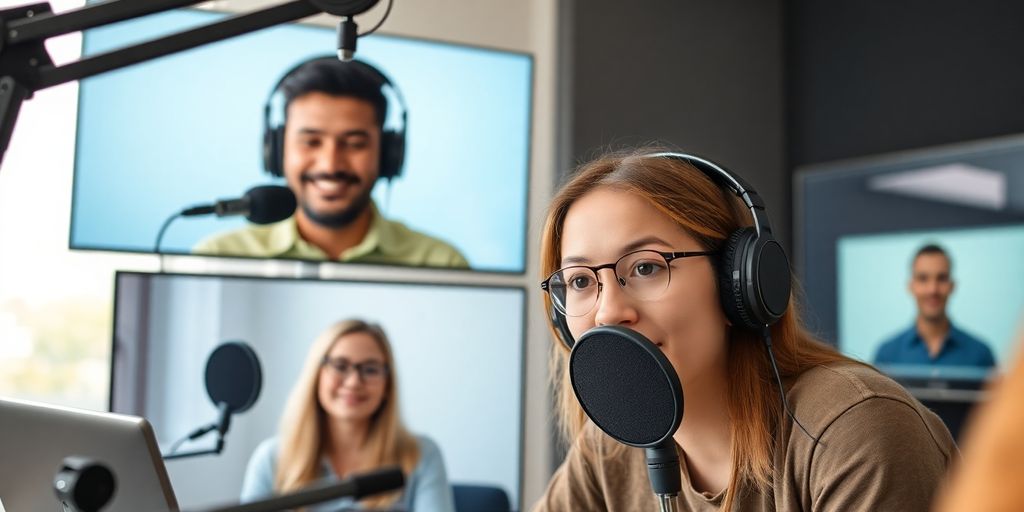 People recording audio remotely with microphones.