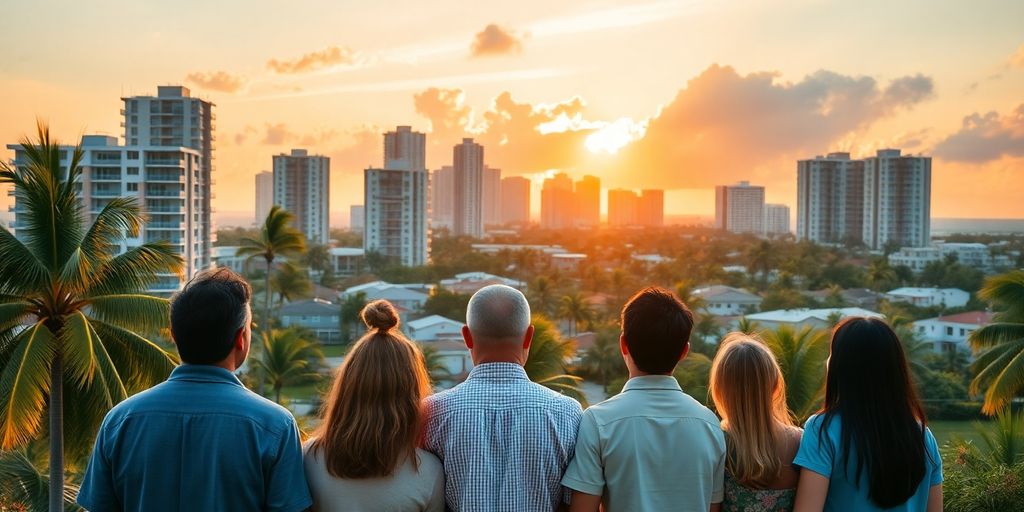 Miami skyline, homes, and a family
