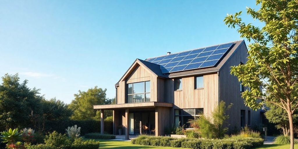 Energiezuinige woning met zonnepanelen en groen landschap.