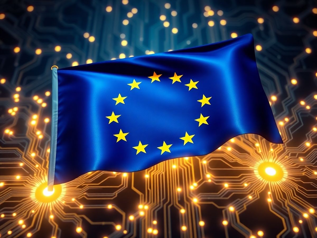 Steag UE și circuite interconectate pe un fundal albastru.