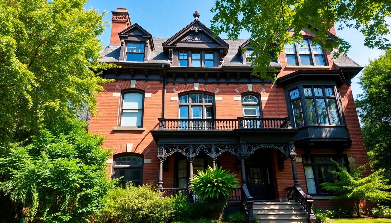 Restored historic home with original features and greenery.