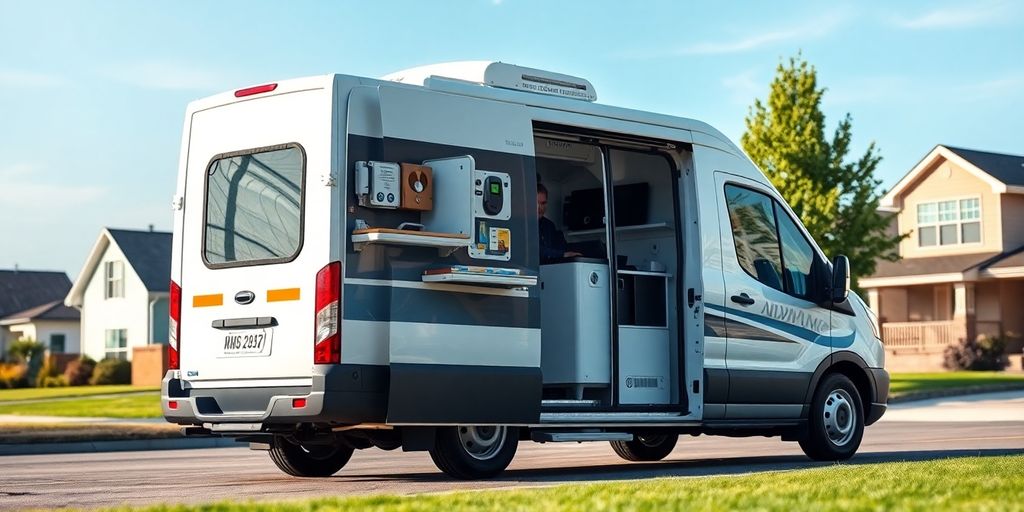 Mobile lab van parked.