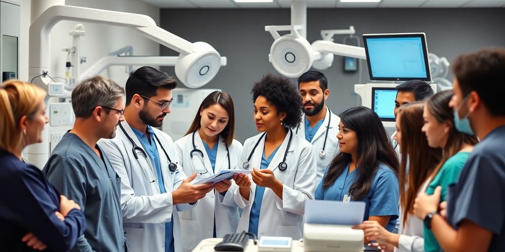 Healthcare professionals working together in a modern hospital.