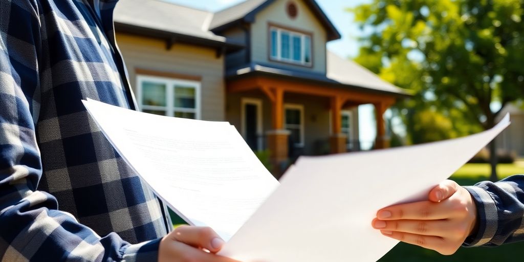 Homebuyer reviewing contract outside a house.