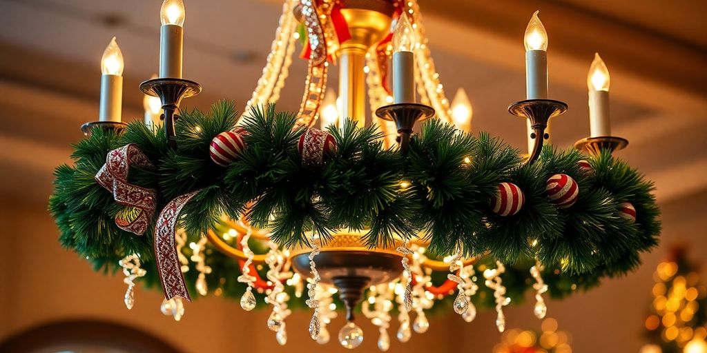 Chandelier decorated with garlands and ribbons for Christmas.