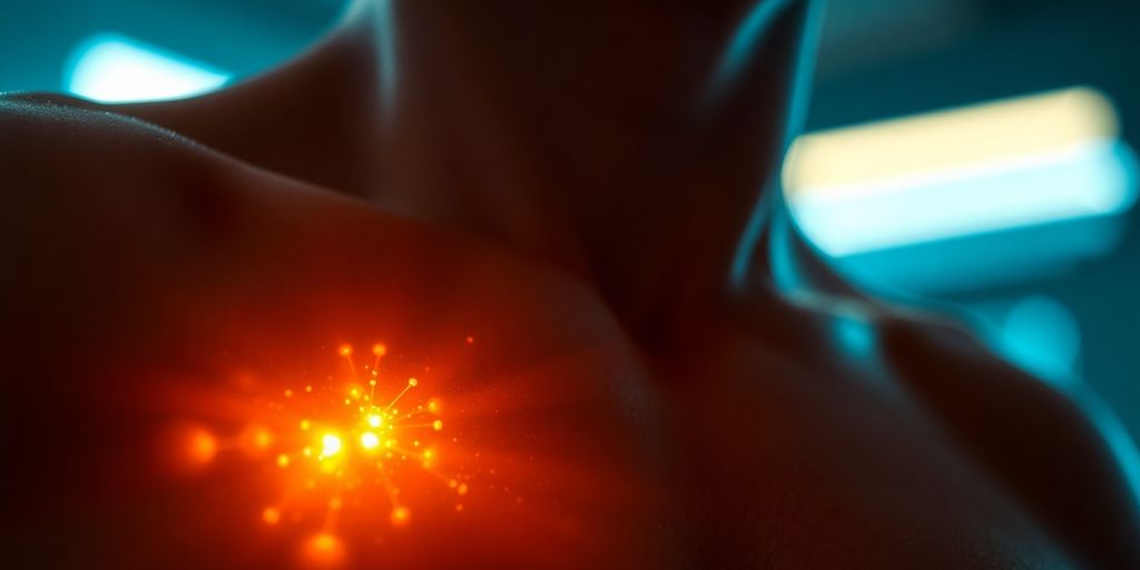 Athlete running, mitochondria glowing inside cells.