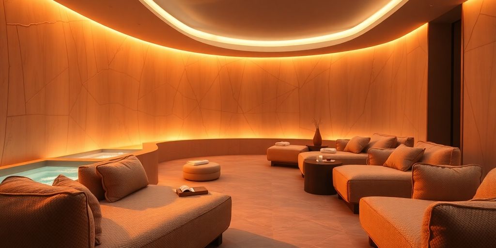 Serene spa interior with plush seating and soft lighting.
