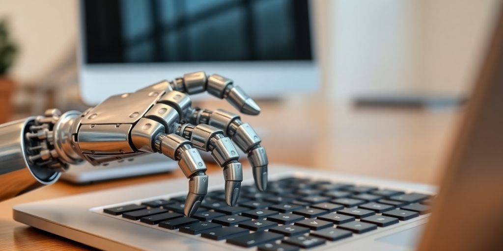 Robotic hand typing on a laptop keyboard.