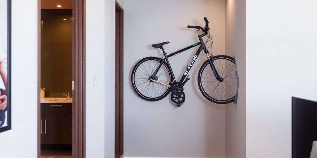 Foldable wall bike rack storing bicycle in stylish apartment.