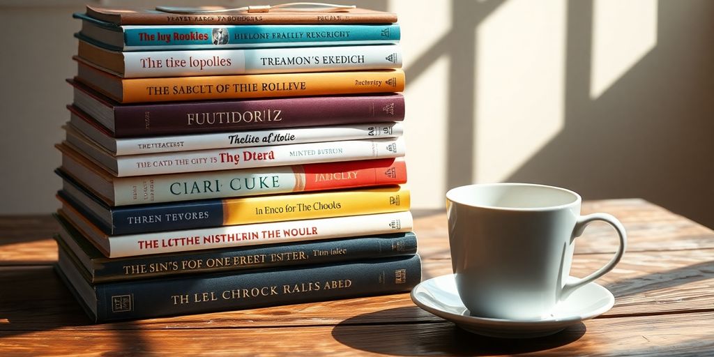 Books and coffee on a wooden table in sunlight.