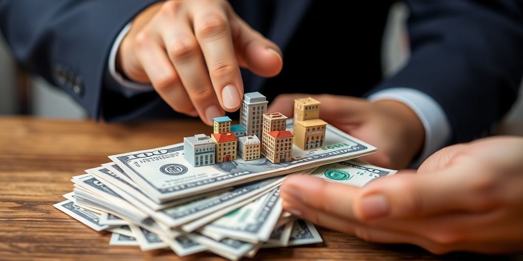 Hands holding miniature buildings and money.