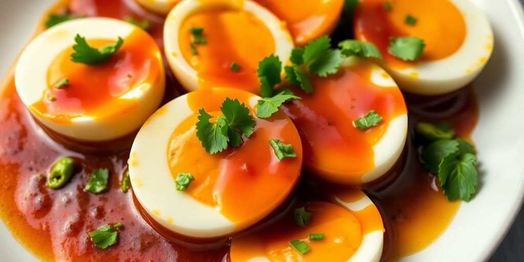 ไข่ลูกเขยพร้อมซอสสีสันสดใสและสมุนไพร