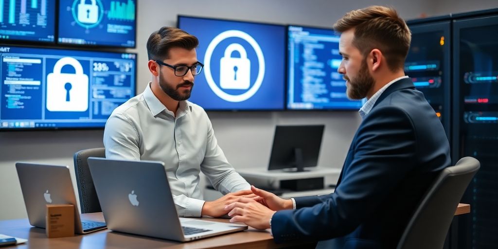 Small business owner analyzing cybersecurity solutions on laptop.