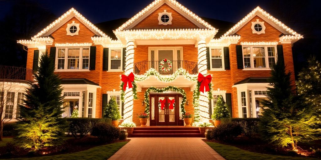 Professionally installed Christmas lights on a Ladue home.