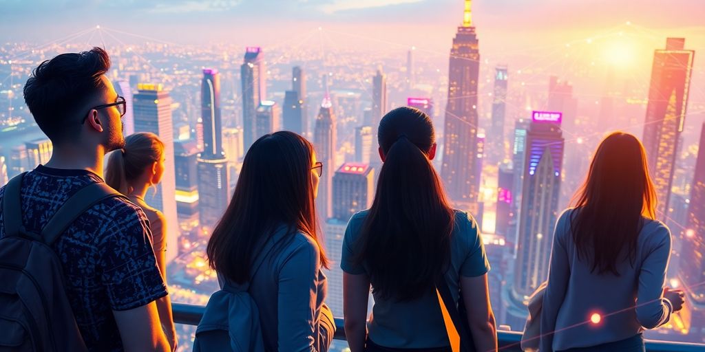 Futuristic city skyline, blockchain network overlay, diverse investors.