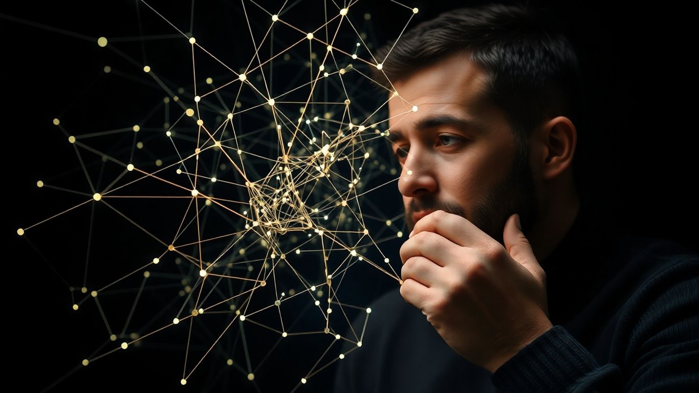 Designer exploring complex interconnected visual elements.