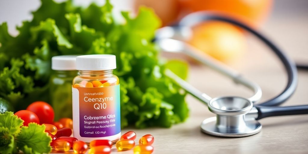 Coenzyme Q10 capsules with vegetables and a stethoscope.