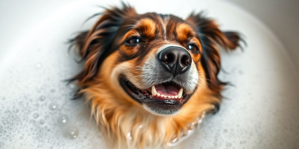 Happy dog enjoying a soothing oatmeal bath.