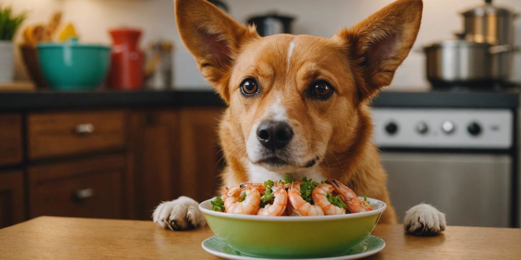 Happy dog beside a bowl of cooked shrimp with a green checkmark, indicating shrimp is safe for dogs.