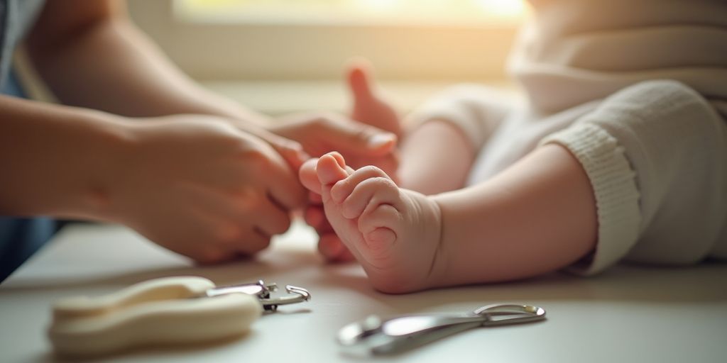 Parent trimming baby's nails with gentle care.