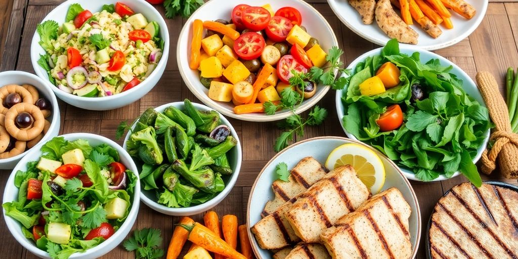 Colorful healthy meals on a rustic wooden table.