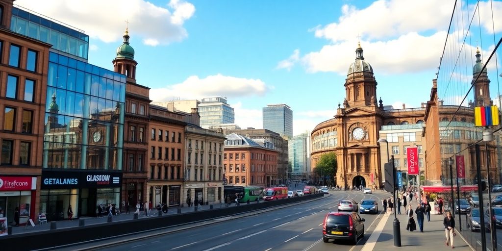 Glasgow cityscape with vibrant architecture and bustling streets.