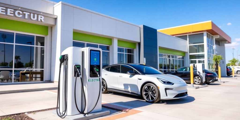 Electric vehicle charging station at a car dealership.