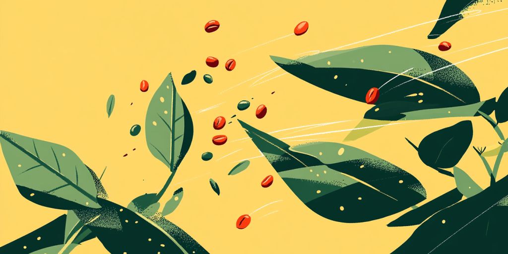 Illustration of leaves with seeds scattering against a yellow background.