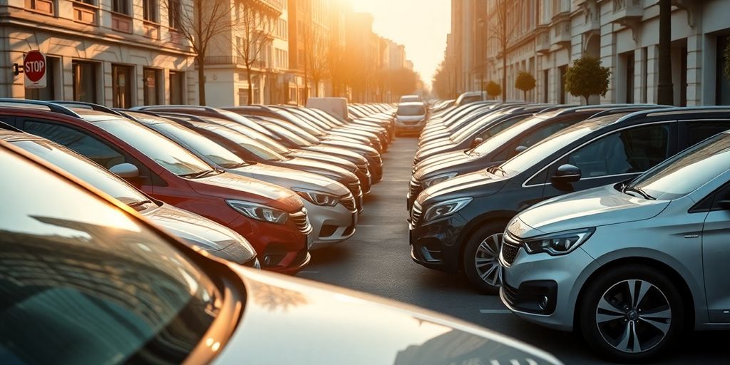 Modern cars parked on a city street.