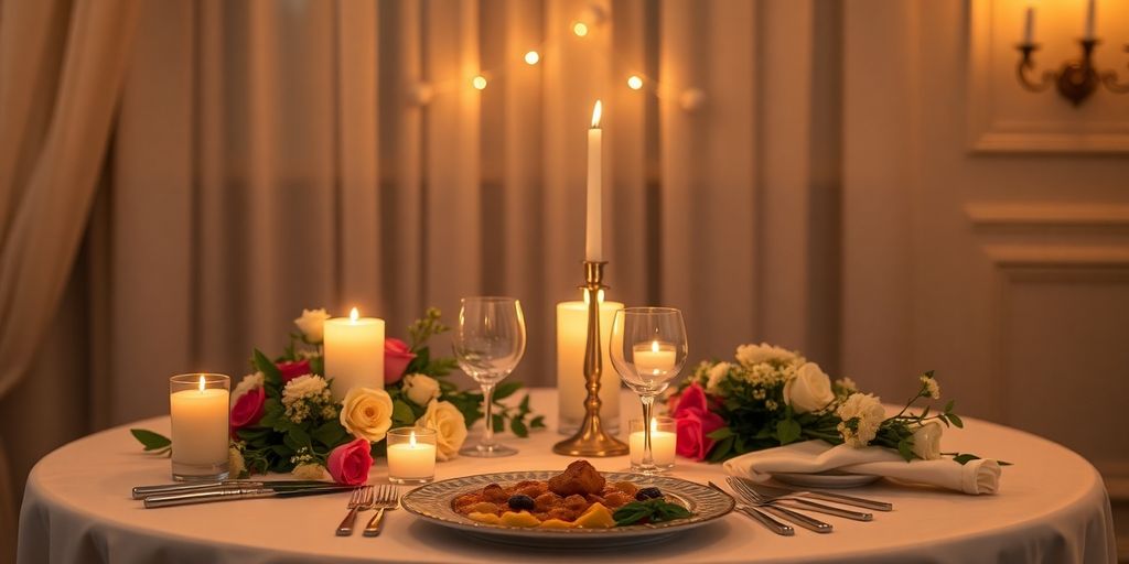 Romantic anniversary dinner setup with candles and flowers.