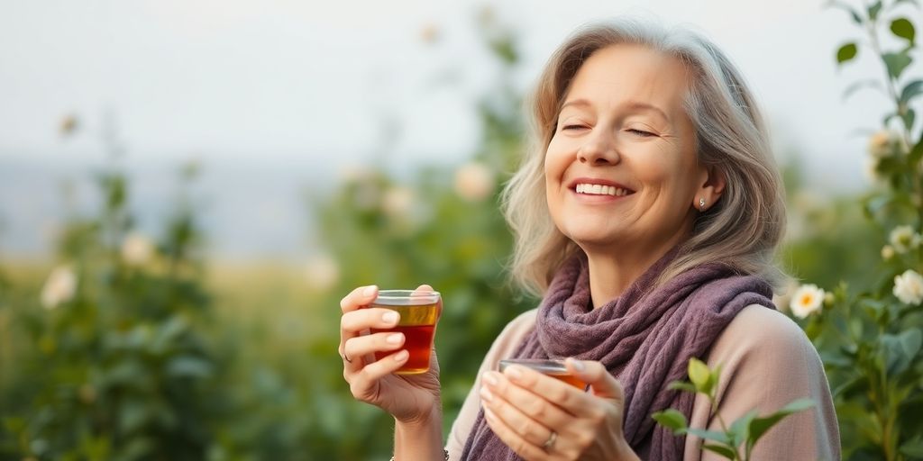 Woman enjoying herbal tea in a peaceful natural setting.