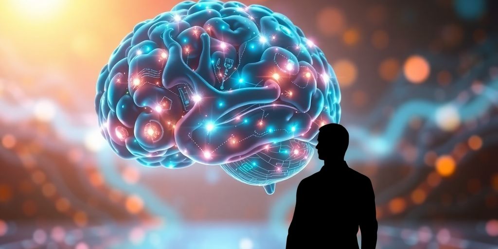 AI brain in a digital landscape illustrating technology and intelligence.