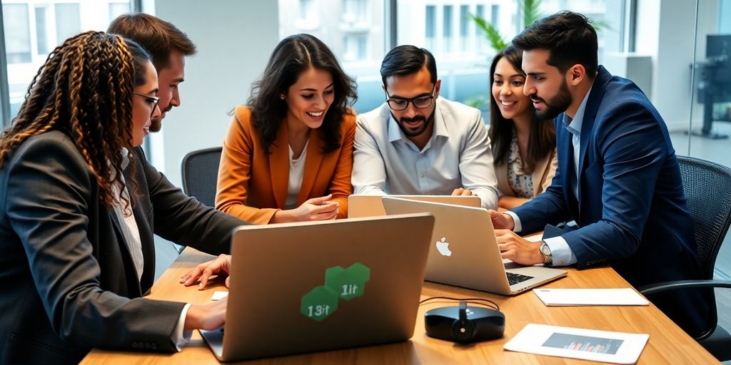 Team collaborating on AI-driven decision-making in office.