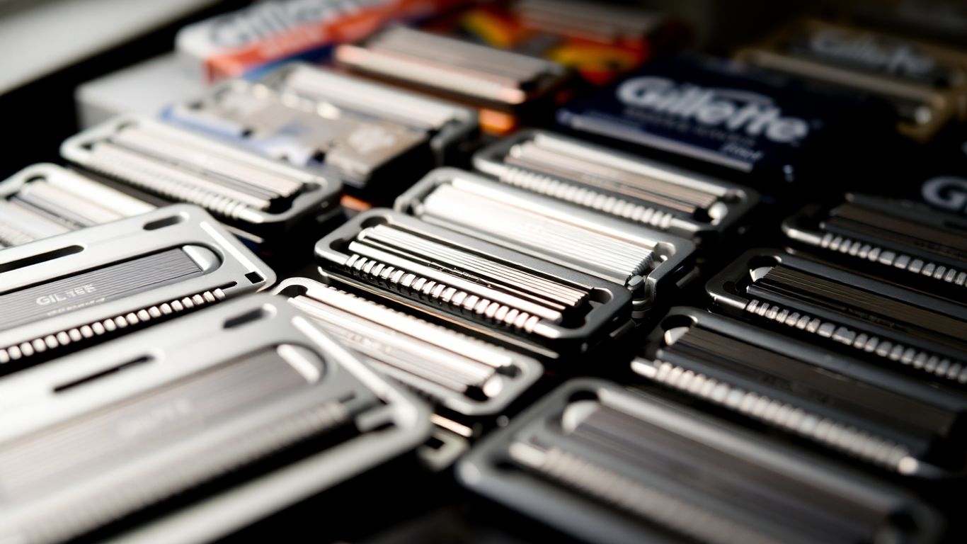 Various Gillette razor blades arranged for comparison.