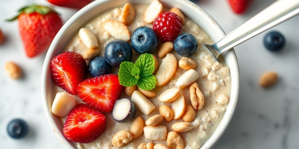 Vibrant bowl of oatmeal with berries and nuts.