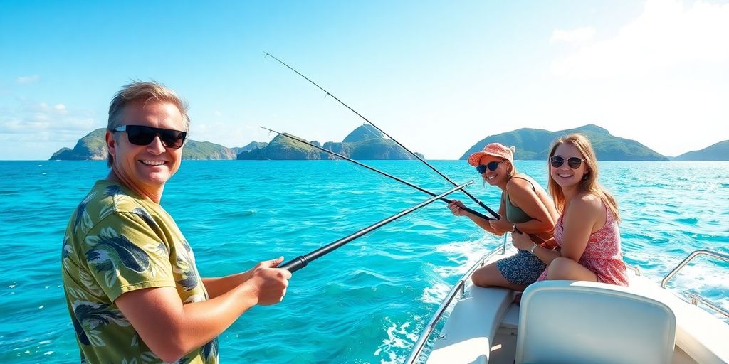 Family enjoying fishing trip in clear Caribbean waters.