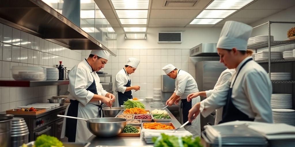 Cuisine professionnelle propre avec des chefs préparant des aliments frais.