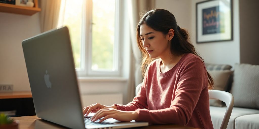 Mom working on laptop at home