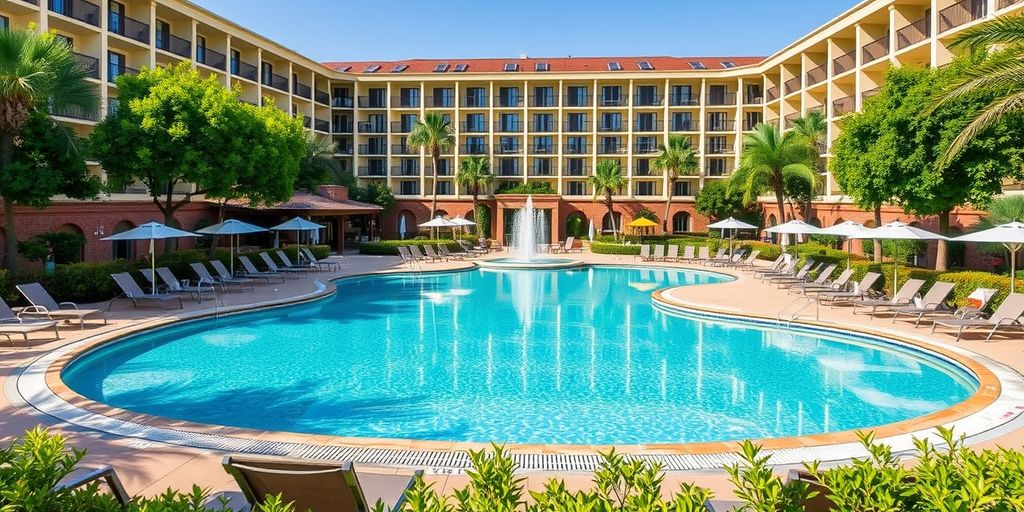 Luxurious hotel pool with lounge chairs and greenery