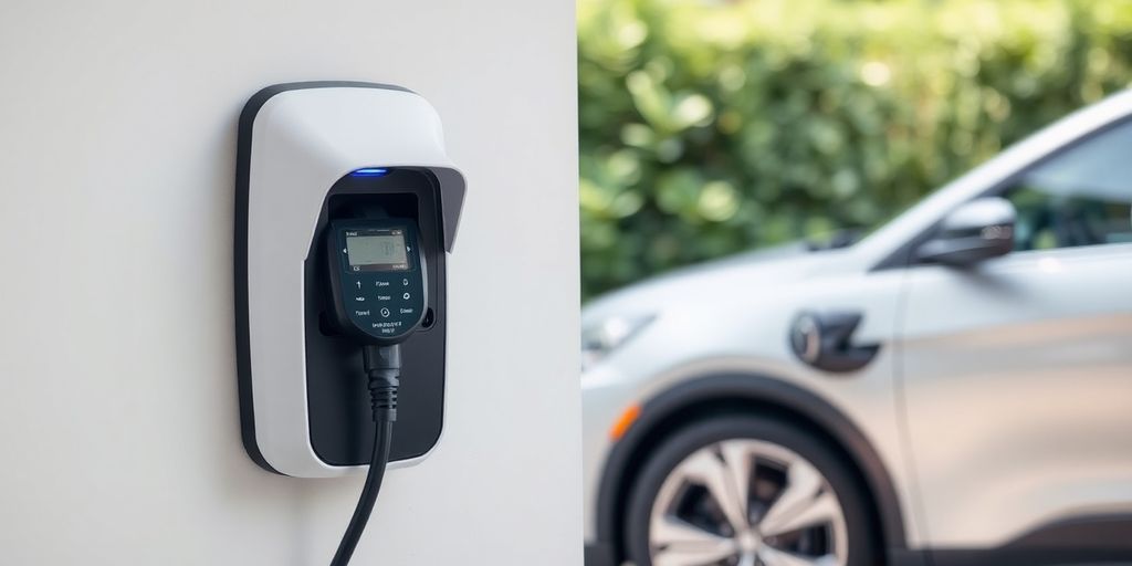 Electric vehicle charger with a car in a green setting.