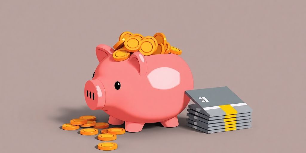 Piggy bank, credit cards, coins, and bills